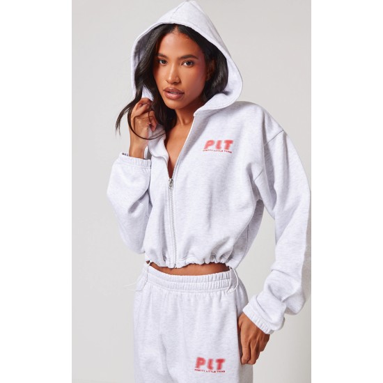 PRETTYLITTLETHING Grey Marl Elasticated Hem Zip Up Hoodie PRETTYLITTLETHING Grey Marl Elasticated Hem Zip Up Hoodie