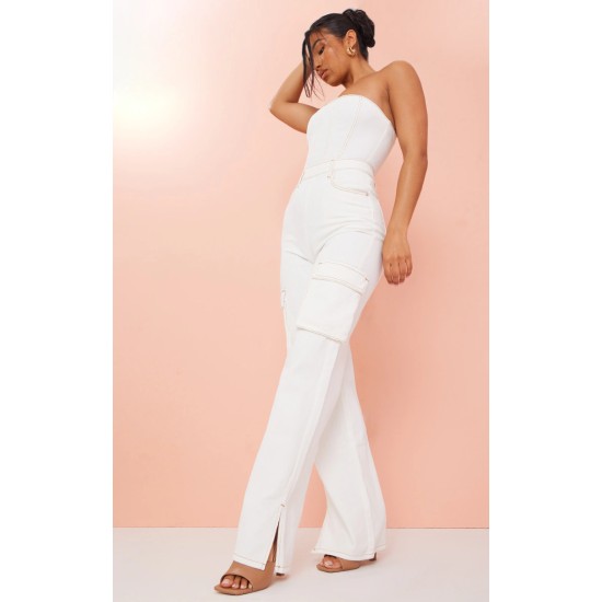 Ecru Contrast Stitch Cargo Pocket Bandeau Denim Jumpsuit Ecru Contrast Stitch Cargo Pocket Bandeau Denim Jumpsuit