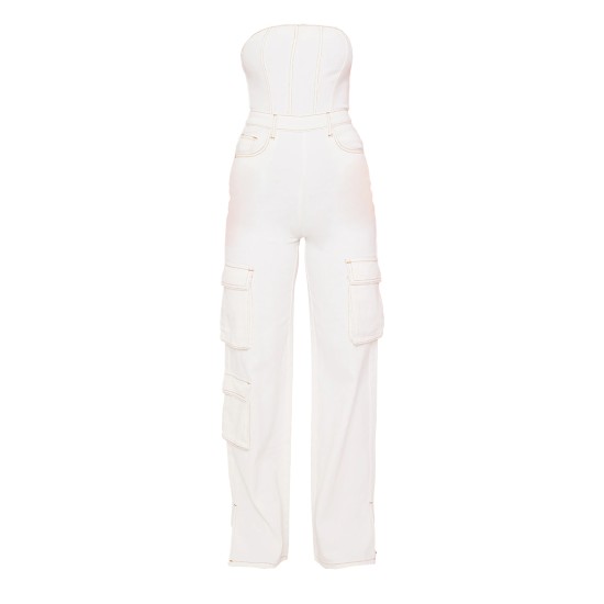 Ecru Contrast Stitch Cargo Pocket Bandeau Denim Jumpsuit Ecru Contrast Stitch Cargo Pocket Bandeau Denim Jumpsuit
