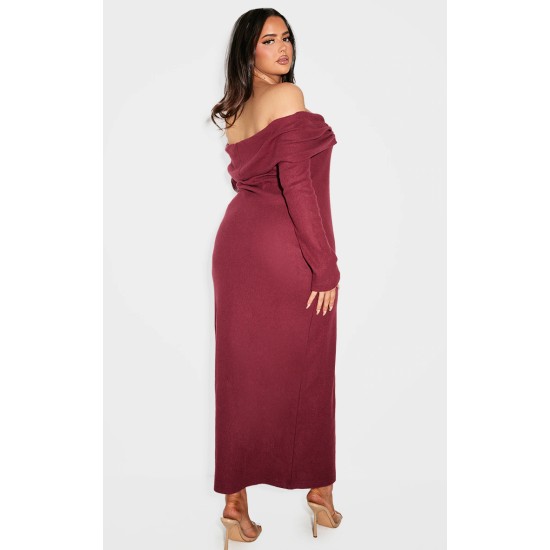 Plus Burgundy Heavy Brushed Rib Bardot Trim Maxi Dress Plus Burgundy Heavy Brushed Rib Bardot Trim Maxi Dress
