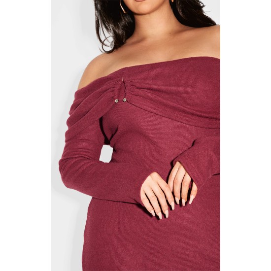 Plus Burgundy Heavy Brushed Rib Bardot Trim Maxi Dress Plus Burgundy Heavy Brushed Rib Bardot Trim Maxi Dress