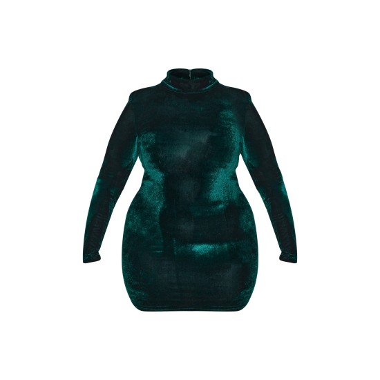 Plus Emerald Green Velour High Neck Long Sleeve Mini Dress Plus Emerald Green Velour High Neck Long Sleeve Mini Dress