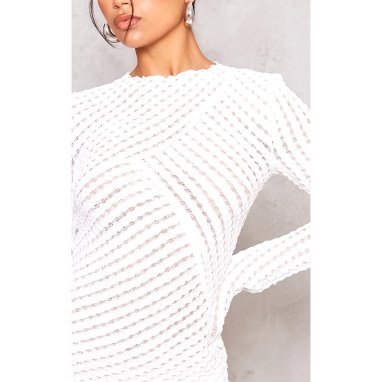White Crinkle Texture Long Sleeve Bodycon Dress White Crinkle Texture Long Sleeve Bodycon Dress