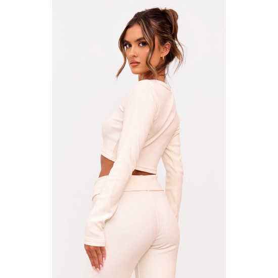 Cream Rib Scoop Neck Long Sleeve Crop Top Cream Rib Scoop Neck Long Sleeve Crop Top