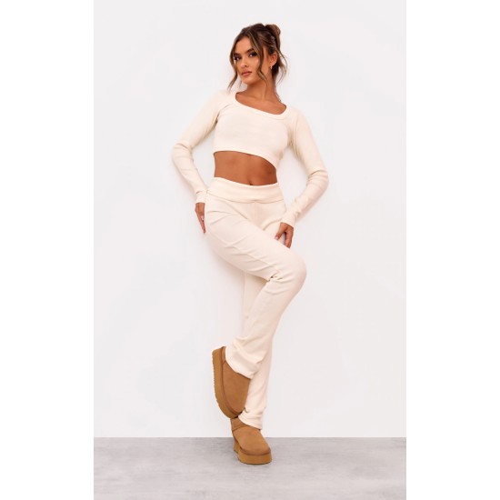 Cream Rib Scoop Neck Long Sleeve Crop Top Cream Rib Scoop Neck Long Sleeve Crop Top