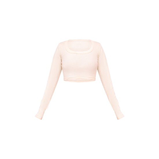 Cream Rib Scoop Neck Long Sleeve Crop Top Cream Rib Scoop Neck Long Sleeve Crop Top