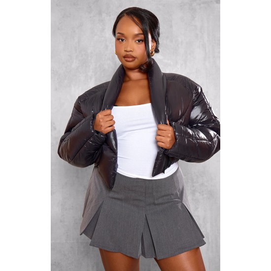 Plus Black Cropped Oversized Collar Detail Puffer Jacket Plus Black Cropped Oversized Collar Detail Puffer Jacket