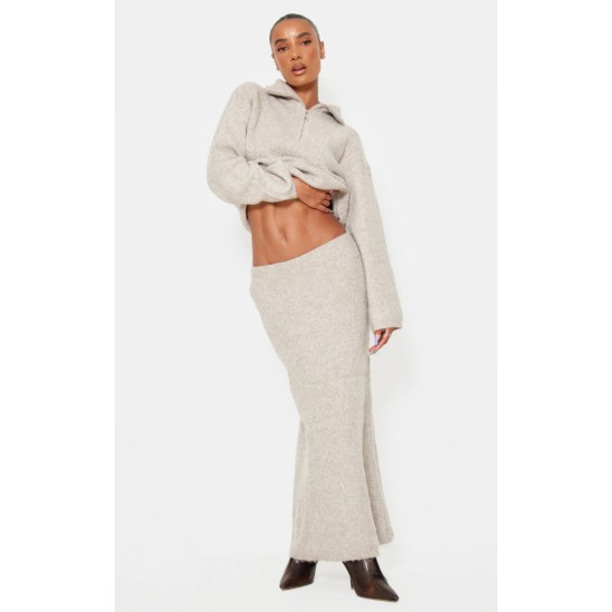 Taupe Knitted Zip Up Sweater And Maxi Skirt Set Taupe Knitted Zip Up Sweater And Maxi Skirt Set