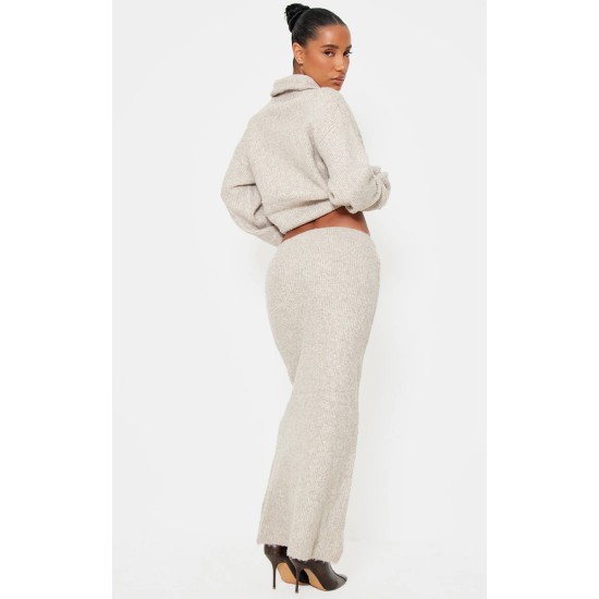 Taupe Knitted Zip Up Sweater And Maxi Skirt Set Taupe Knitted Zip Up Sweater And Maxi Skirt Set