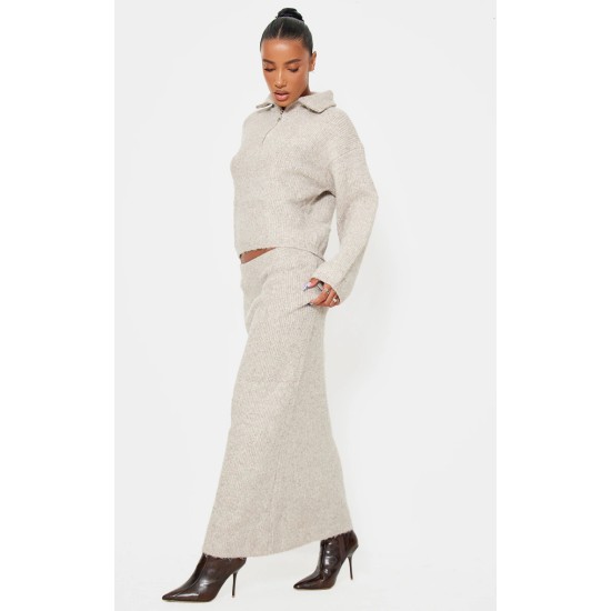 Taupe Knitted Zip Up Sweater And Maxi Skirt Set Taupe Knitted Zip Up Sweater And Maxi Skirt Set