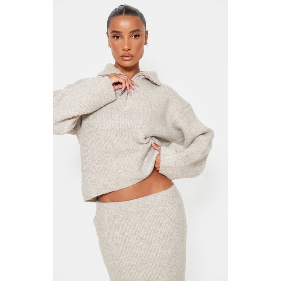 Taupe Knitted Zip Up Sweater And Maxi Skirt Set Taupe Knitted Zip Up Sweater And Maxi Skirt Set