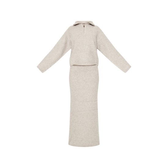 Taupe Knitted Zip Up Sweater And Maxi Skirt Set Taupe Knitted Zip Up Sweater And Maxi Skirt Set