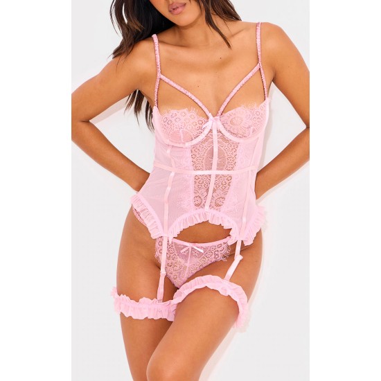 Baby Pink Eyelash Lace Frill Detail Longline Corset Lingerie Set Baby Pink Eyelash Lace Frill Detail Longline Corset Lingerie Set