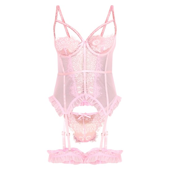 Baby Pink Eyelash Lace Frill Detail Longline Corset Lingerie Set Baby Pink Eyelash Lace Frill Detail Longline Corset Lingerie Set