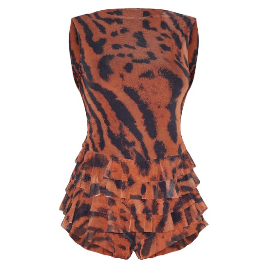 Brown Animal Printed Mesh Rara Romper Brown Animal Printed Mesh Rara Romper