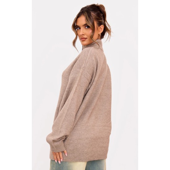 Taupe Knitted Slouchy Half Zip Sweater Taupe Knitted Slouchy Half Zip Sweater