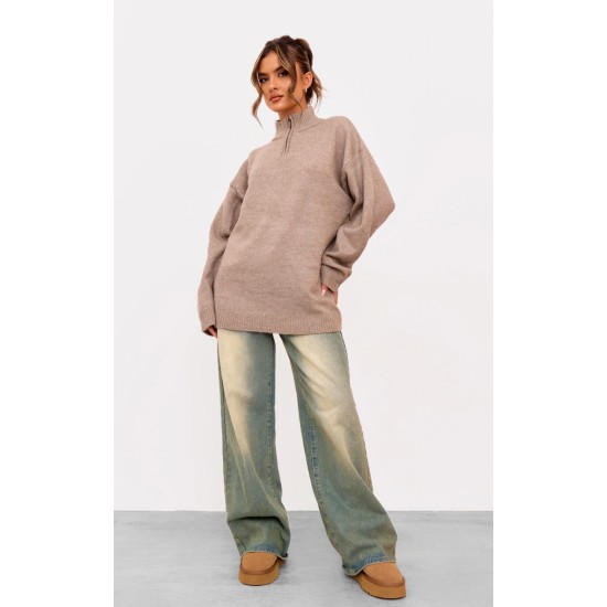 Taupe Knitted Slouchy Half Zip Sweater Taupe Knitted Slouchy Half Zip Sweater