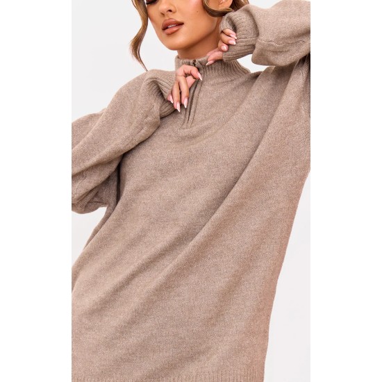 Taupe Knitted Slouchy Half Zip Sweater Taupe Knitted Slouchy Half Zip Sweater