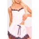 Pink Stripe Contrast Lace Satin Cami Short PJ Set Pink Stripe Contrast Lace Satin Cami Short PJ Set