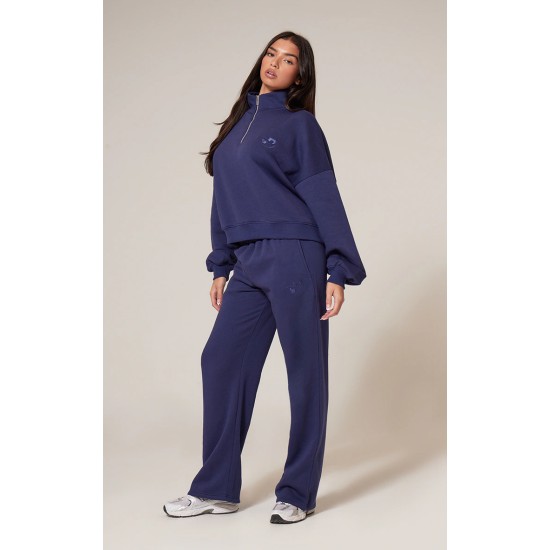 PRETTYLITTLETHING Navy Wide Leg Embroidered Sweatpants PRETTYLITTLETHING Navy Wide Leg Embroidered Sweatpants