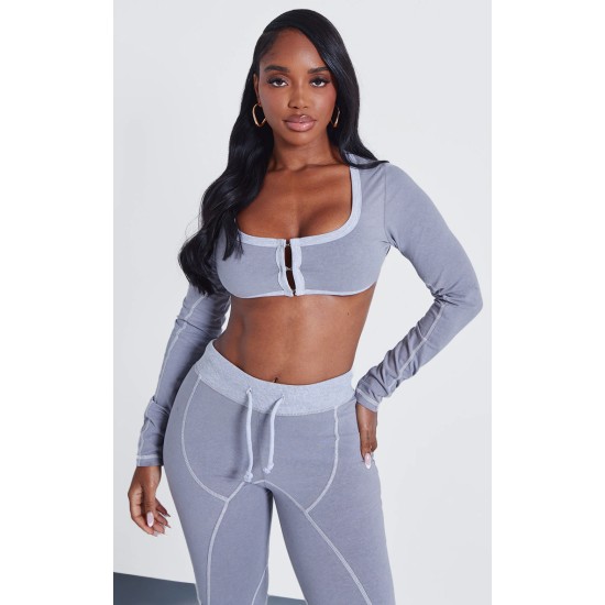 Shape Light Grey Washed Cotton Hook And Eye Long Sleeve Crop Top Shape Light Grey Washed Cotton Hook And Eye Long Sleeve Crop Top