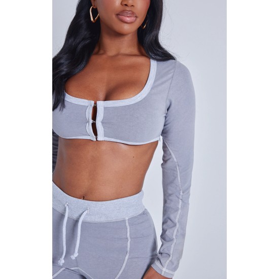 Shape Light Grey Washed Cotton Hook And Eye Long Sleeve Crop Top Shape Light Grey Washed Cotton Hook And Eye Long Sleeve Crop Top