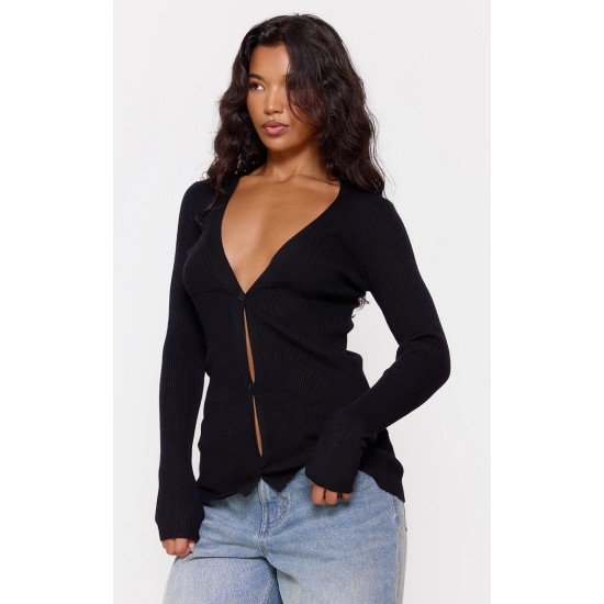 Black Knitted Ribbed Long Sleeve Cardigan Black Knitted Ribbed Long Sleeve Cardigan