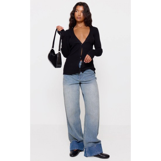 Black Knitted Ribbed Long Sleeve Cardigan Black Knitted Ribbed Long Sleeve Cardigan