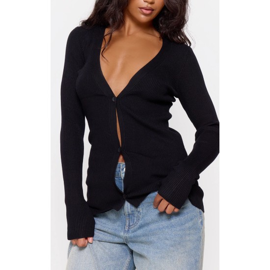 Black Knitted Ribbed Long Sleeve Cardigan Black Knitted Ribbed Long Sleeve Cardigan