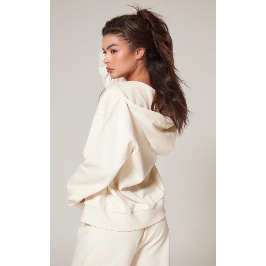 PRETTYLITTLETHING Cream Premium Embroidered Zip Front Oversized Hoodie PRETTYLITTLETHING Cream Premium Embroidered Zip Front Oversized Hoodie