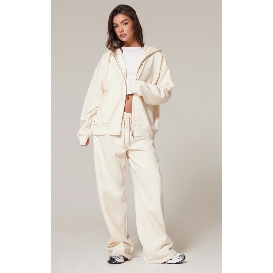 PRETTYLITTLETHING Cream Premium Embroidered Zip Front Oversized Hoodie PRETTYLITTLETHING Cream Premium Embroidered Zip Front Oversized Hoodie