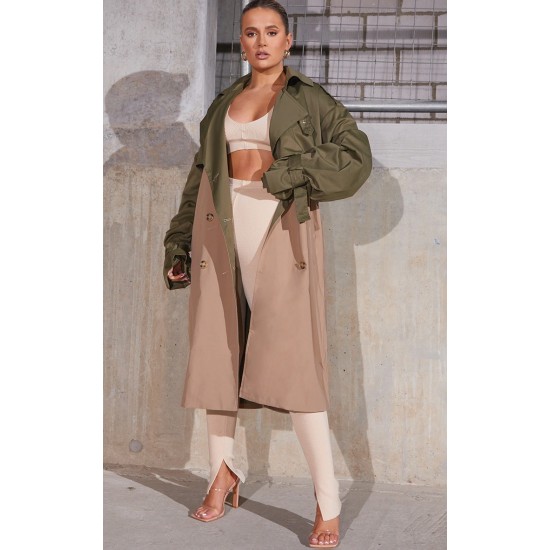Khaki Contrast Oversized Belted Midi Trench Coat Khaki Contrast Oversized Belted Midi Trench Coat