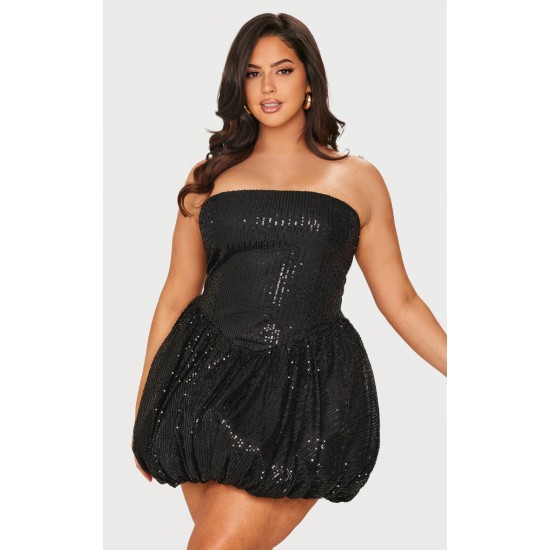 Plus Black Sequin Bandeau Mini Puffball Dress Plus Black Sequin Bandeau Mini Puffball Dress