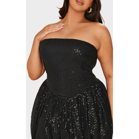 Plus Black Sequin Bandeau Mini Puffball Dress Plus Black Sequin Bandeau Mini Puffball Dress