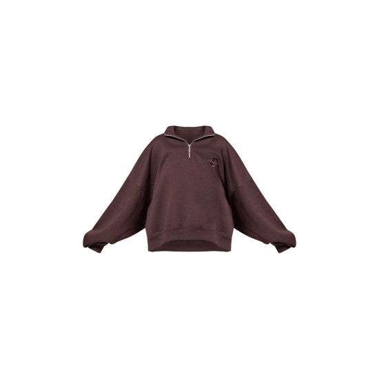 PRETTYLITTLETHING Chocolate Half Zip Embroidered Sweatshirt PRETTYLITTLETHING Chocolate Half Zip Embroidered Sweatshirt