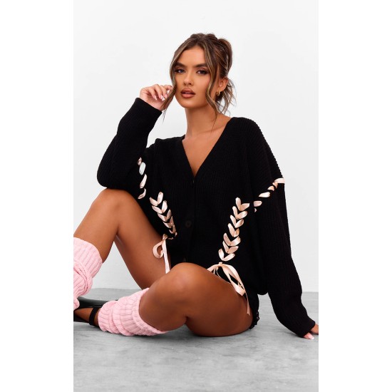 Black Chunky Knit Ribbon Detail Cardigan Black Chunky Knit Ribbon Detail Cardigan