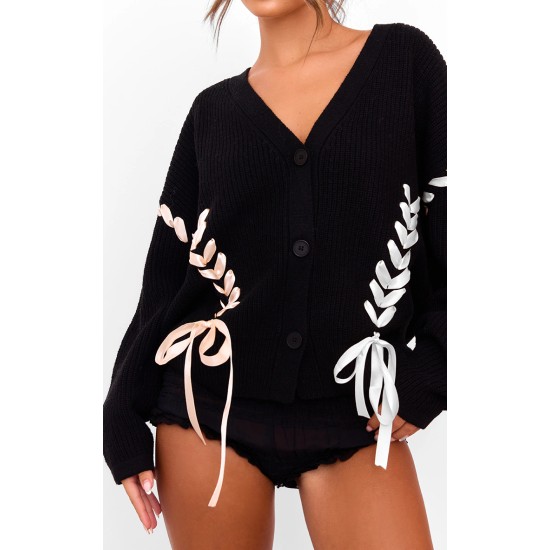 Black Chunky Knit Ribbon Detail Cardigan Black Chunky Knit Ribbon Detail Cardigan