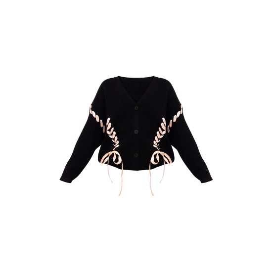 Black Chunky Knit Ribbon Detail Cardigan Black Chunky Knit Ribbon Detail Cardigan