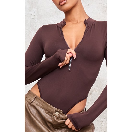 Coffee Contour Zip Up High Neck Bodysuit Coffee Contour Zip Up High Neck Bodysuit