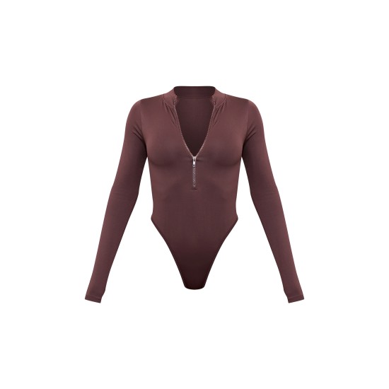 Coffee Contour Zip Up High Neck Bodysuit Coffee Contour Zip Up High Neck Bodysuit