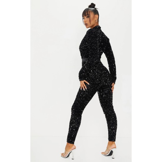 Black Velvet Sequin Plunge Front Tailored Jumpsuit Black Velvet Sequin Plunge Front Tailored Jumpsuit