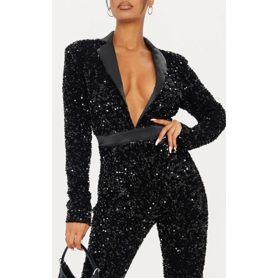 Black Velvet Sequin Plunge Front Tailored Jumpsuit Black Velvet Sequin Plunge Front Tailored Jumpsuit