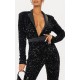 Black Velvet Sequin Plunge Front Tailored Jumpsuit Black Velvet Sequin Plunge Front Tailored Jumpsuit