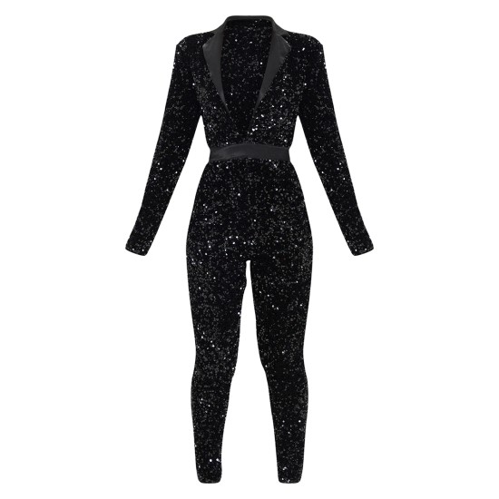 Black Velvet Sequin Plunge Front Tailored Jumpsuit Black Velvet Sequin Plunge Front Tailored Jumpsuit