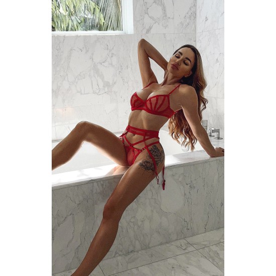 Red Underwired Binding Mesh 3 Piece Lingerie Set Red Underwired Binding Mesh 3 Piece Lingerie Set