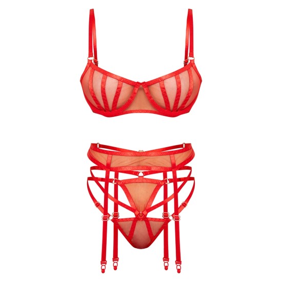Red Underwired Binding Mesh 3 Piece Lingerie Set Red Underwired Binding Mesh 3 Piece Lingerie Set