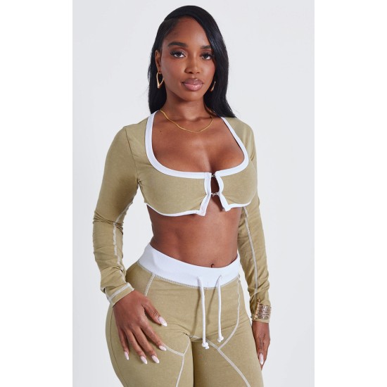 Shape Khaki Washed Cotton Hook And Eye Long Sleeve Crop Top Shape Khaki Washed Cotton Hook And Eye Long Sleeve Crop Top