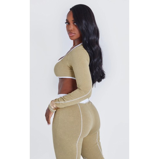 Shape Khaki Washed Cotton Hook And Eye Long Sleeve Crop Top Shape Khaki Washed Cotton Hook And Eye Long Sleeve Crop Top