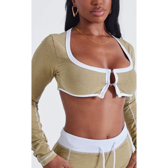 Shape Khaki Washed Cotton Hook And Eye Long Sleeve Crop Top Shape Khaki Washed Cotton Hook And Eye Long Sleeve Crop Top