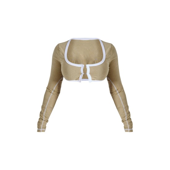 Shape Khaki Washed Cotton Hook And Eye Long Sleeve Crop Top Shape Khaki Washed Cotton Hook And Eye Long Sleeve Crop Top